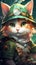 Mint Green Cap-Wearing Calico Cat with Vibrant Amber Eyes in Unreal Engine Style .