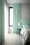 Mint green drapes in contemporary bedroom. Generative AI