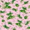 Mint herb spice seamless pattern on pink background