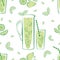 Mint lemonade pitcher and glass vector seamless pattern background. Retro green white backdrop with line art style jug