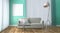 Mint Living Room Interior Design - Green mint style with sofa table lamp and frame, wooden floor on green mint wall background. 3D