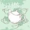 Mint tea party poster with hand drawn teapot and cups