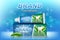 Mint toothpaste ads. Tooth model and product package design for dental care poster or advertising. 3d Vector