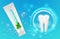 Mint toothpaste background. Vector dental poster design. Realistic toothpaste tube and teeth