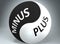 Minus and plus in balance - pictured as words Minus, plus and yin yang symbol, to show harmony between Minus and plus, 3d