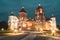 Mir, Belarus. Mir Castle Complex In Evening Night Illumination Lighting. Famous Landmark. UNESCO Heritage. Architectural