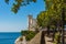 Miramare castle building above Adriatic sea. The view of beautiful Miramare castle located close to the sea. Three colour sea