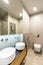 Mirror above white washbasins in beige bathroom interior with li