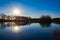 Mirror forest lake with reflection in winter sunny day, de Kempen regio in North Brabant, Netherlands