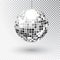 Mirror glitter disco ball vector illustration. Night Club party light element. Bright mirror silver ball design for