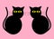 A mirror image of a pair of simple outline shapes of black cats with yellow eyes rose pink backdrop