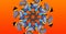 Mirror kaleidoscope with colorful butterflies. Yellow, blue and brown butterflies on an orange background