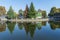 Mirror lake and the reflections of autumn trees and the Viennese pavilion in it. International Fair, Plovdiv, Bulgaria