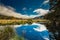 Mirror Lakes with reflection of Earl Mountains, Fjordland National Park, Millford, New Zealand