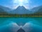 A mirrored symmetrical image of the Portage Glacier Lake Chugach Mountains, Alaska