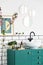 Mirrors and poster above green cabinet in modern bathroom interior with plants. Real photo
