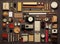 Miscellaneous and measuring items and tools in an organized collection