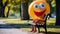A mischievous balloon animal with googly eyes and a playful grin, sitting on a park bench
