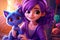 Mischievous catgirl, with long purple hair and cat ears, holding a ball of yarn and a playful smile, big eyes cartoon style