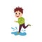 Mischievous little boy jumping on puddle, cartoon character of naughty boy