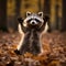 A mischievous raccoon with its masked face, standing on its hind legs as it reaches for a hidden treat by AI generated