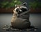 A mischievous raccoon with a sack of pebbles on its back. Cute creature. AI generation