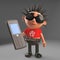 Miserable punk rock character holding an outdated old cellphone, 3d illustration