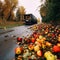 mishap has occurred on a country lane, where a truck laden with apples has tipped, spilling its cargo onto the road.