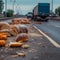 Mishap has occurred on a country lane, where a truck laden with bread rolls and baguettes has tipped,