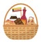 Mishloach manot basket with food treats. Purim holiday gift. Jewish carnival present. Vector illustration.