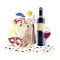 Mishloah Manot Purim gift bag for Jewish holiday. Watercolor illustration with mask, cookies, kosher wine, raashan.