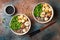 Miso and soba noodles soup with kale, shiitake mushrooms, roasted tofu.