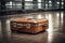 A misplaced or lost suitcase is seen abandoned in an airport terminal, possibly awaiting retrieval by its owner