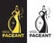 Miss pageant logo - Black and gold tone The beauty queen pageant wearing evening gown and crown with stars around vector design