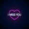 Miss you glowing neon sign with pink heart symbol. Symbol of loneliness in neon style. Vector illustration