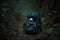 Missing child concept. Abandoned children\\\'s school backpack with teddy bear forgotten