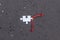 Missing jigsaw piece with red lace laying on tarmac