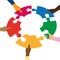 Missing link.Arms of hands of people or colleagues of diverse culture holding jigsaw puzzle pieces that connect