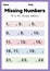Missing numbers worksheet, math printable sheet for preschool and kindergarten kids activity to learn basic mathematics