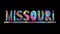 Missouri. Cheerful bright glowing multicolored inscription and sun. Doodle style multicolor font. Cartoon animation effect of shak