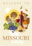 Missouri is a US state. Wine and grape. Tourist postcard and souvenir. Beautiful places of the United States of America on poste