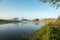 Mist hanging over river Nene in Northamptonshire at sunrise