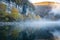 mist rising over a river cliff on a chilly morning