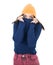 Mistake. Frightened young woman stare to you, covering her mouth with sweater, isolated on white background