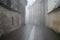 The mistic street in the city, foggy day in Italy