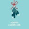 Mistletoe branch hanging with white berries and a red bow. Merry Christmas inspiration. Vector illustration, flat design