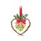 Mistletoe bunch with boxwood and red ribbon ia a vine heart shape watercolor illustration. Traditional christmas wish symbol hand
