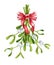 Mistletoe Christmas bunch with a red ribbon watercolor illustration. Traditional xmas evergreen plant hand painted, isolated on wh