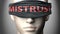 Mistrust can make things harder to see or makes us blind to the reality - pictured as word Mistrust on a blindfold to symbolize
