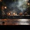 Misty ambiance envelops vacant wooden table, a stage for your products to shine